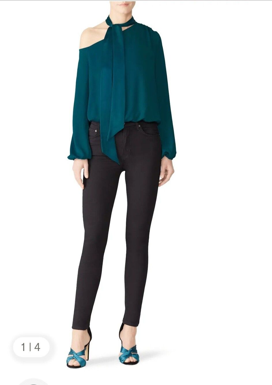 Ramy Brook Teal Silk Asymmetrical Tie Neck Top Blouse Size S Small Long Sleeve